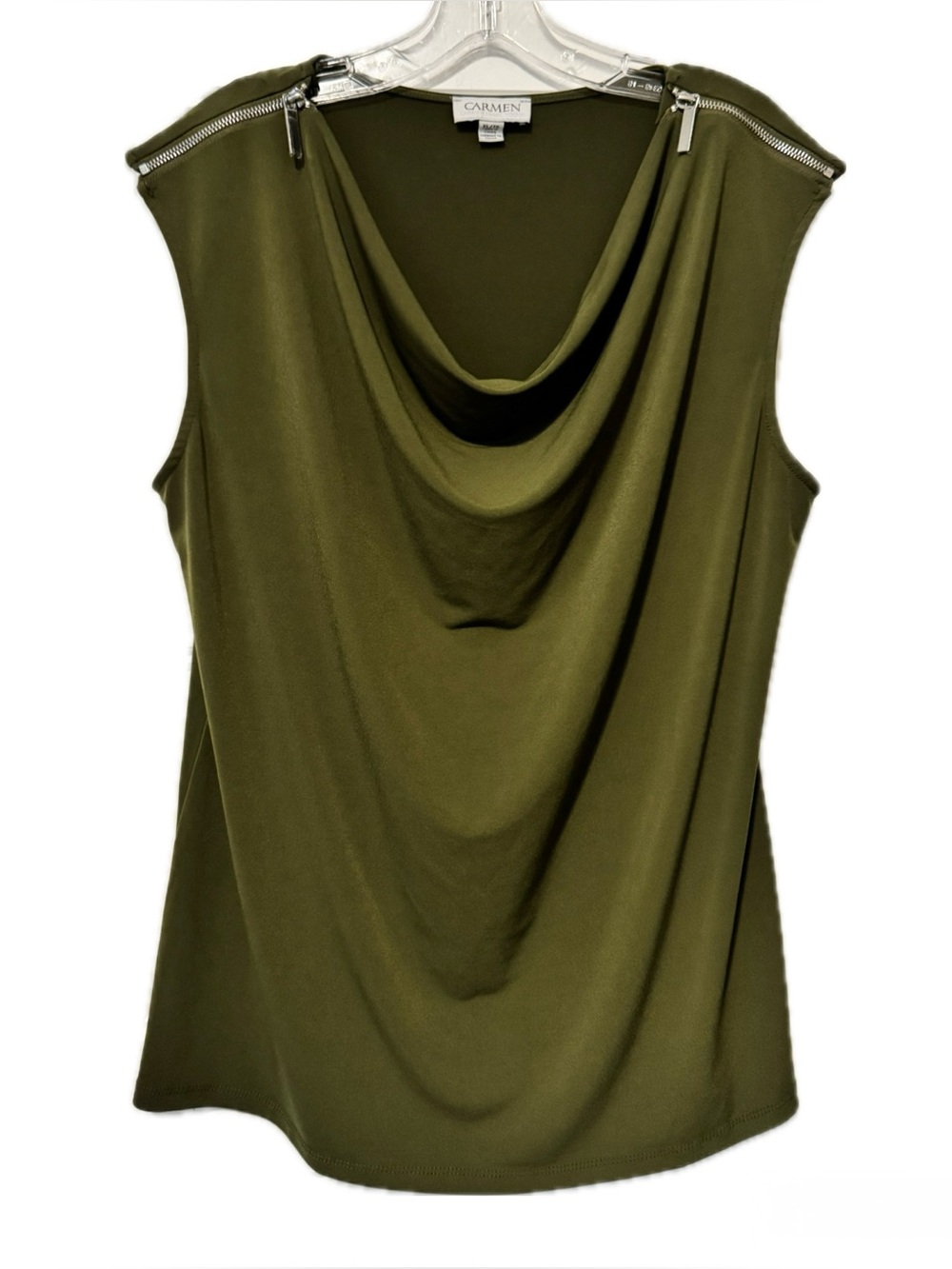 Carmen Marc Valvo Olive Green Cowl Neck Zip Shoulder Sleeveless Blouse Top XL